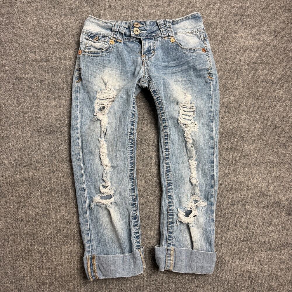 Angels Jeans WomenS Size 7 Distressed Capri Jeans Cropped Cuffed Light Wash Y2K